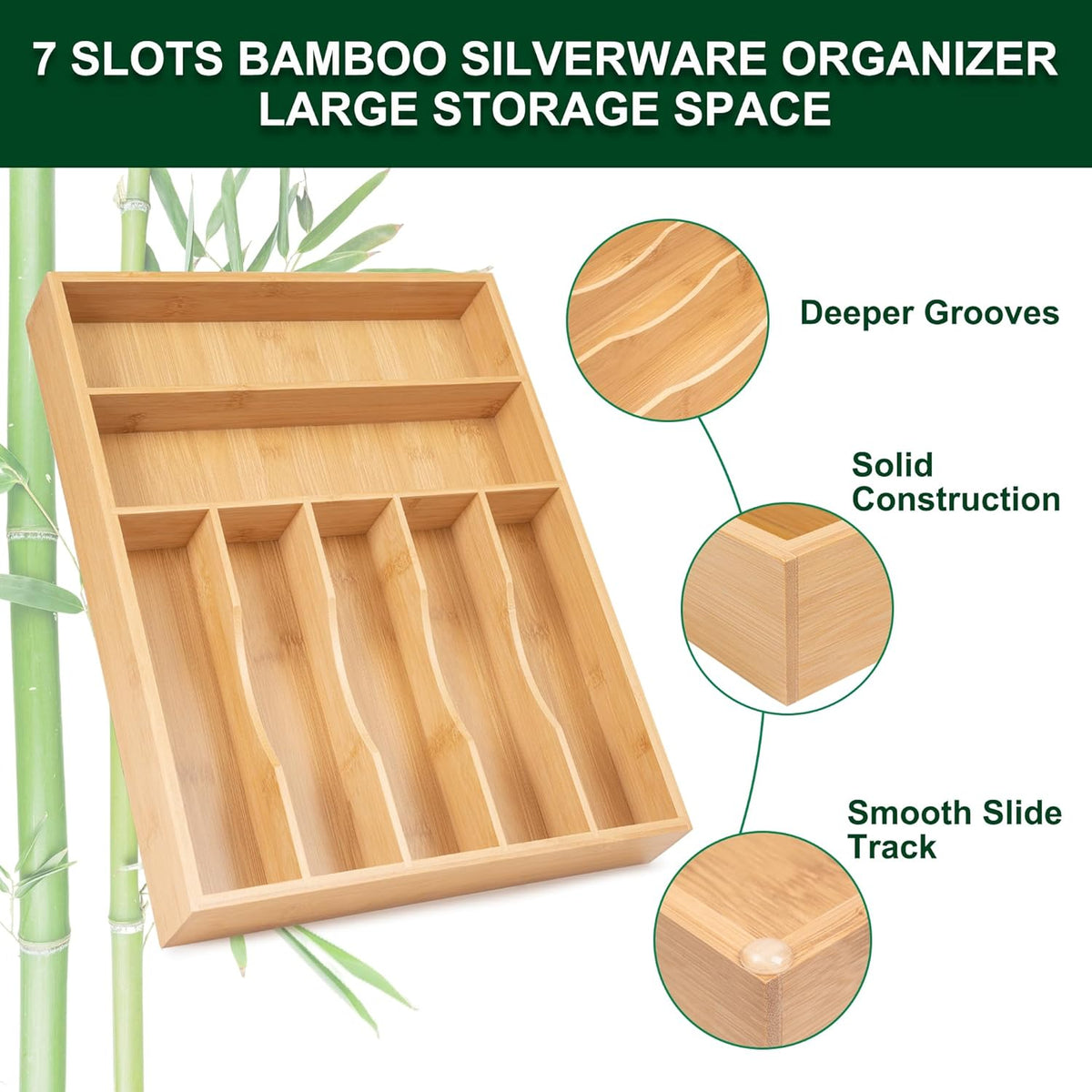 Bellsal Natural Utensil Organizer 12.5 Inch Silverware Organizer for Drawer Utensil Holder Cutlery Organizer Kitchen Drawer Organizer 7 Compartment Small Narrow Bamboo