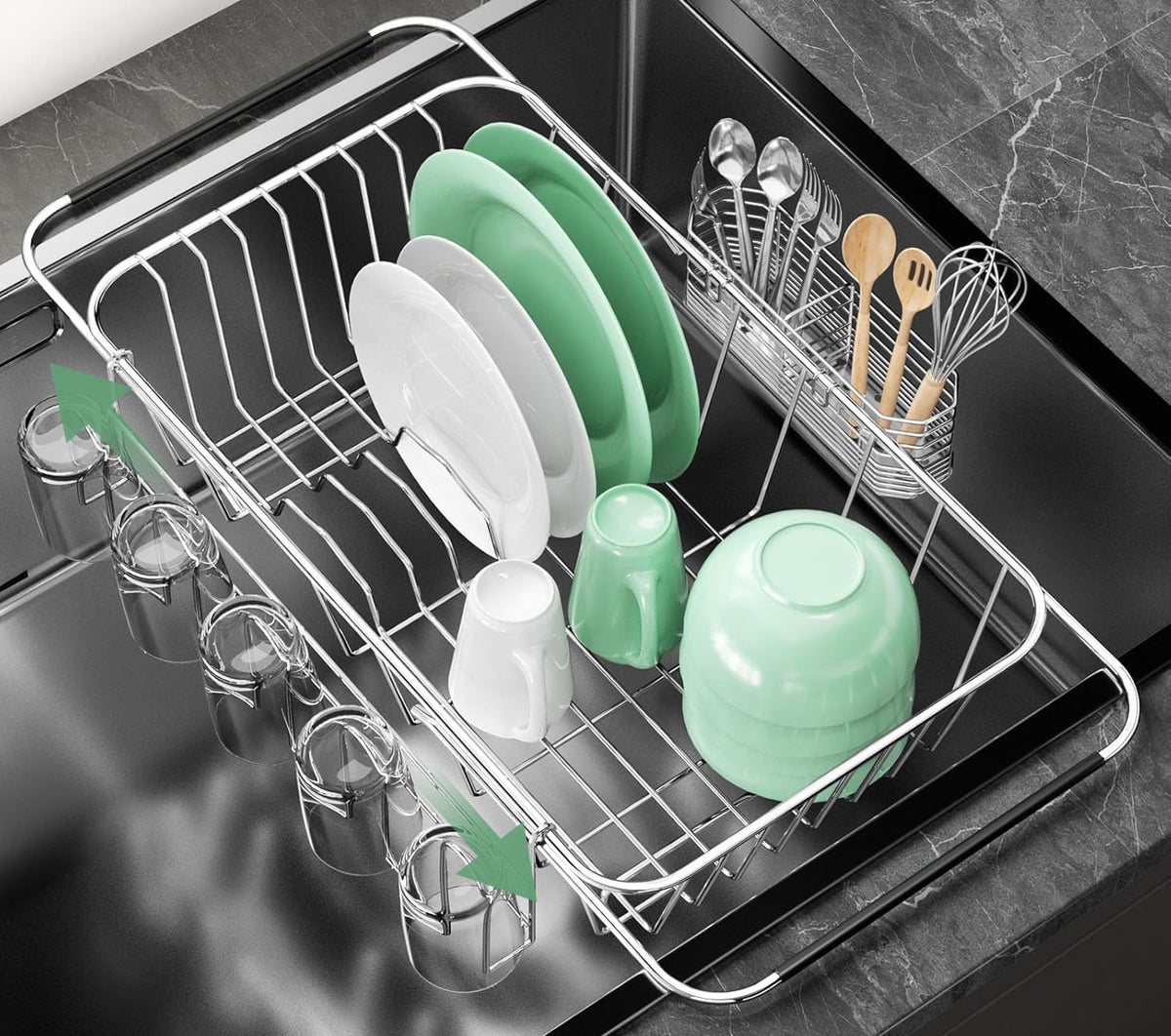 Small Dish Drying Rack in Sink, Extendable Stainless Steel Dish Drainers for Kitchen Counter, Anti-Rust Dish Dryer Rack with Utensil & Cup Holders, for Inside Sink, Over The Sink(for 1-2 People)