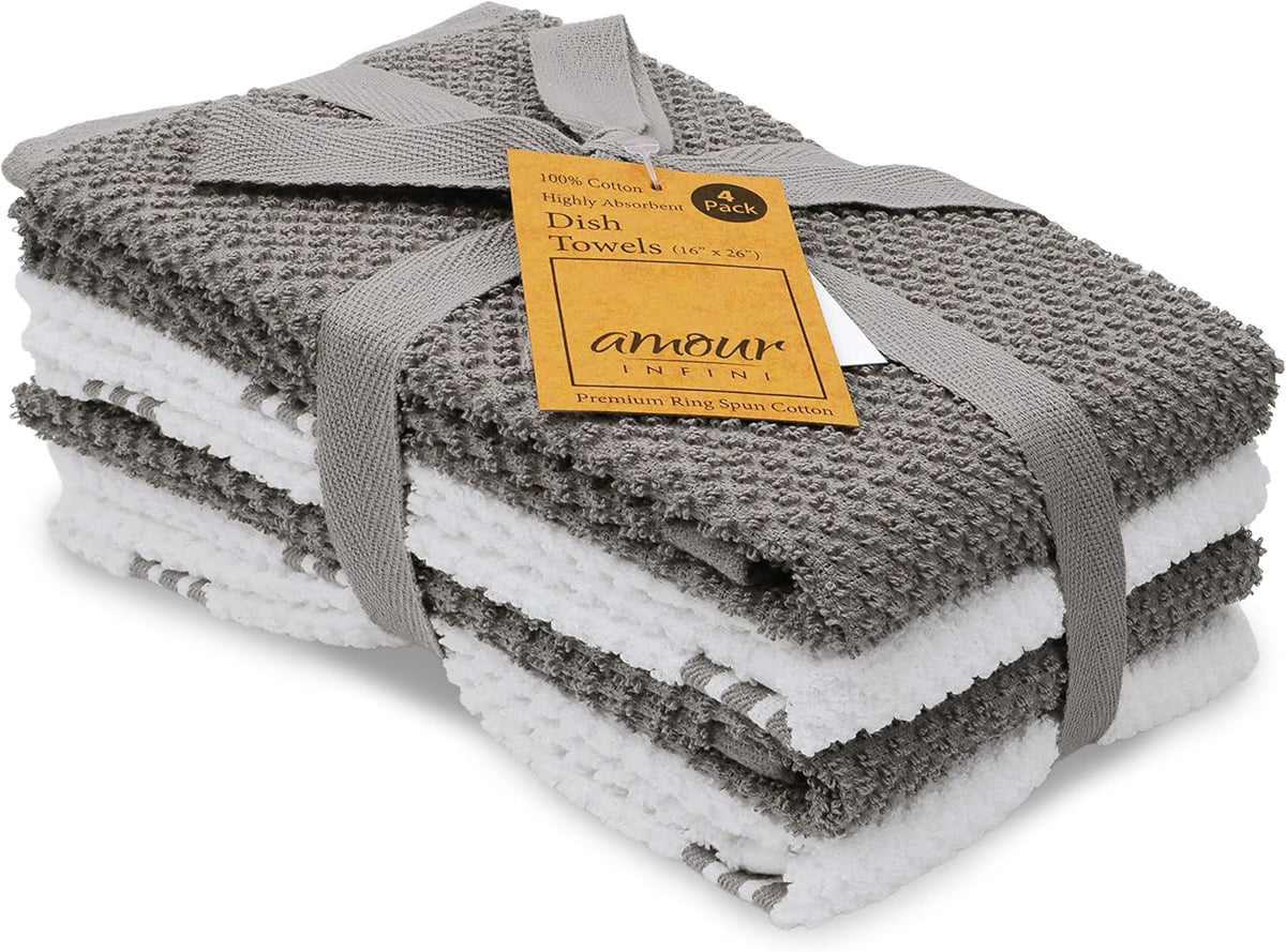 AMOUR INFINI Kitchen Towels Pack of 4 - Absorbent, Quick Drying Premium Cotton Tea Towel - Kitchen Linens 16x28 Inch Dish Towels with Hanging Loop (L.Grey)