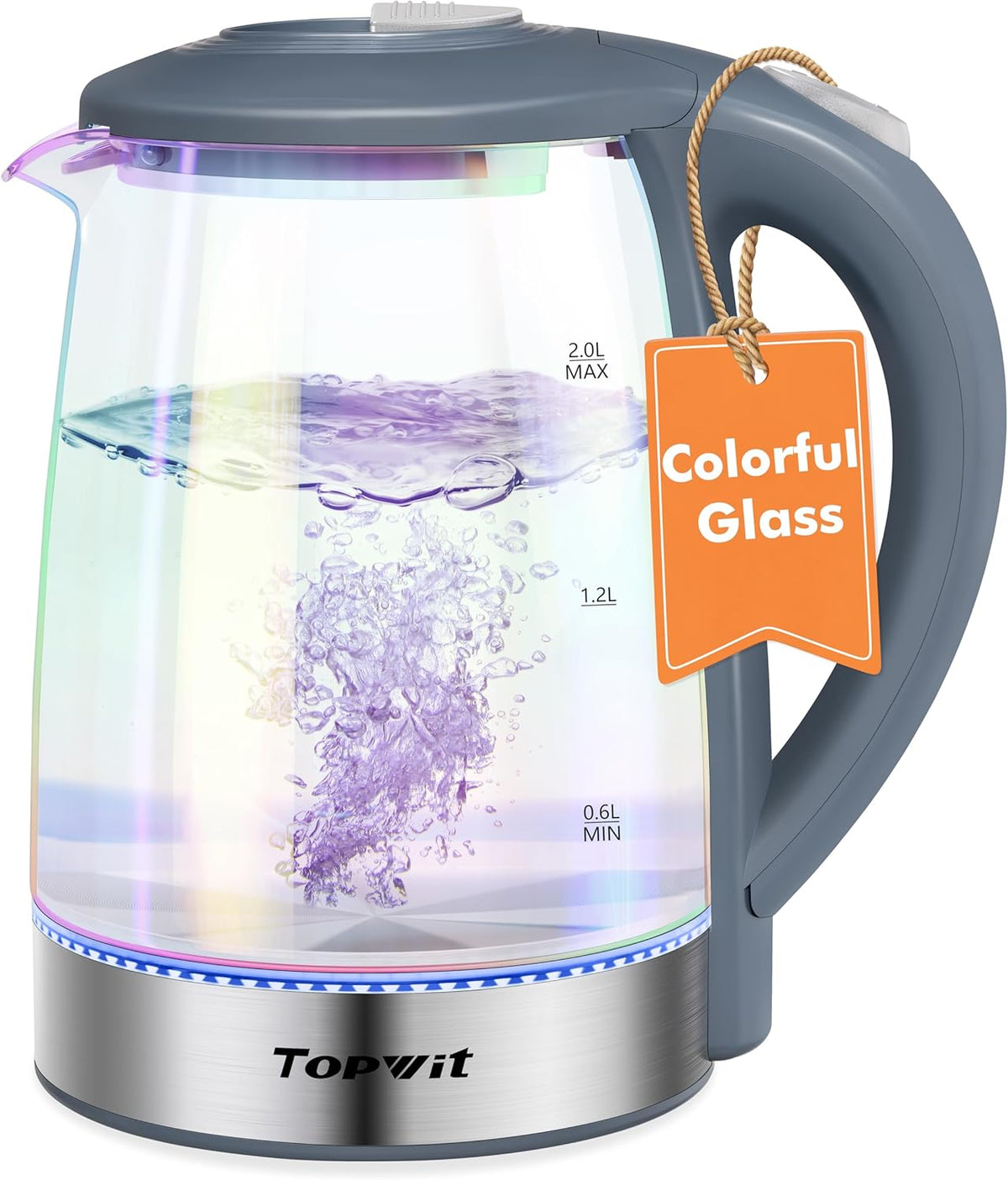TOPWIT Electric Kettle, Colorful Glass Tea Kettle, 2.0L Hot Water Kettle Electric, BPA-Free Stainless Steel Lid & Bottom, Electric Kettles for Boiling Water, Auto Shut-Off & Boil Dry Protection, Grey