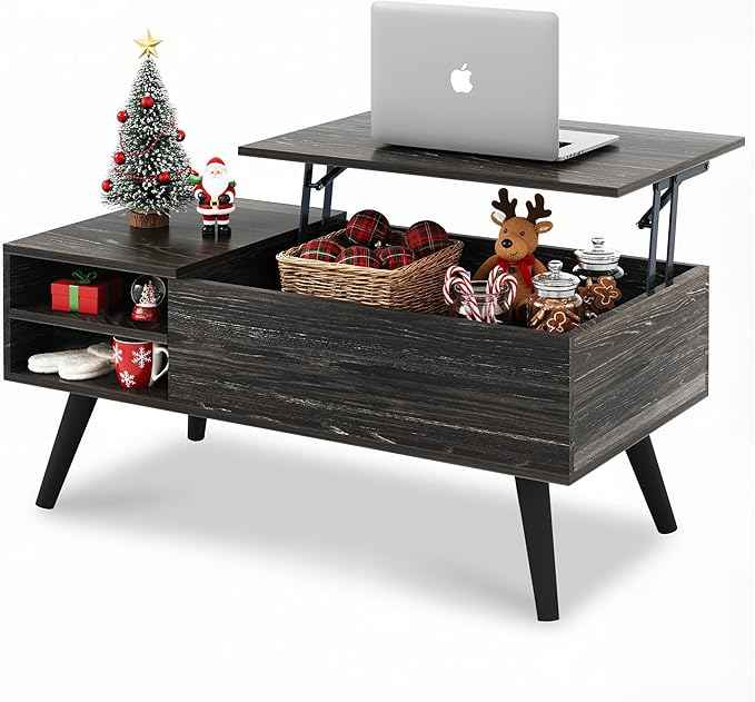 WLIVE Wood Lift Top Coffee Table with Hidden Compartment and Adjustable Storage Shelf, Lift Tabletop Dining Table for Home Living Room, Office, Charcoal Black
