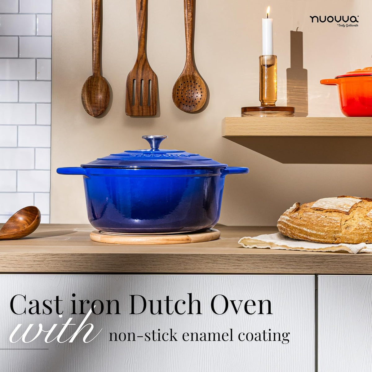 Nuovva Enamelled Cast Iron Dutch Oven Pot with Lid – 6.4 Quart Non Stick Casserole Pot – Heavy Duty & Oven Safe up to 500° F for Bread Baking, Braising, Stews, Roasting – 28cm Dark Blue