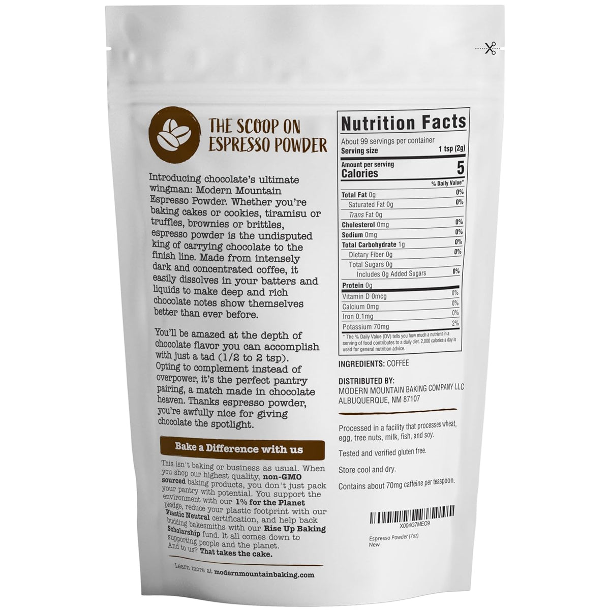 Espresso Powder for Baking - Achieve Rich Chocolate Flavor - Great for Baking - All-Natural - Fine Powder - Easily Dissolves - Gluten Free - Non-GMO - Convenient Resealable Pouch (7oz)