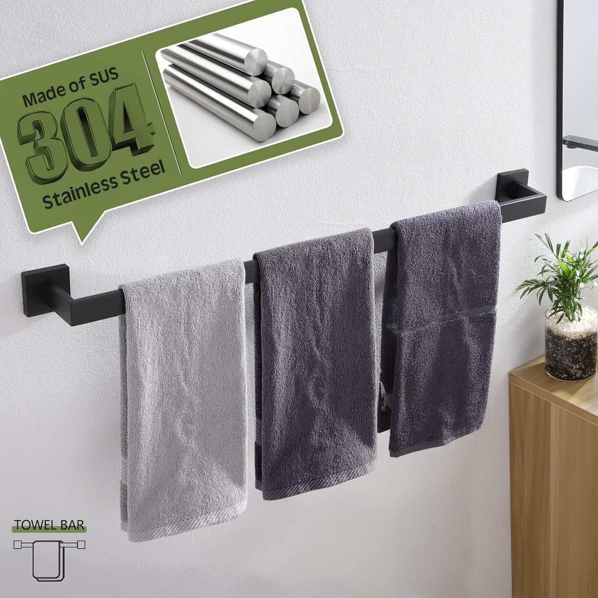 KOKOSIRI 36-Inch Single Towel Bar, Bathroom Kitchen Towel Holder, Wall Mounted SUS304 Stainless Steel Towel Rack, Matte Black, B4003BK-L36