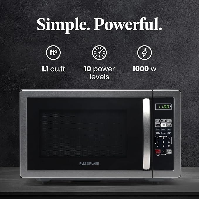 Farberware 1.1 Cu. Ft. Countertop Microwave Oven – 1000 Watts Power, Auto Cook Settings, Defrost, Easy Clean and Child Safety Lock - Stainless