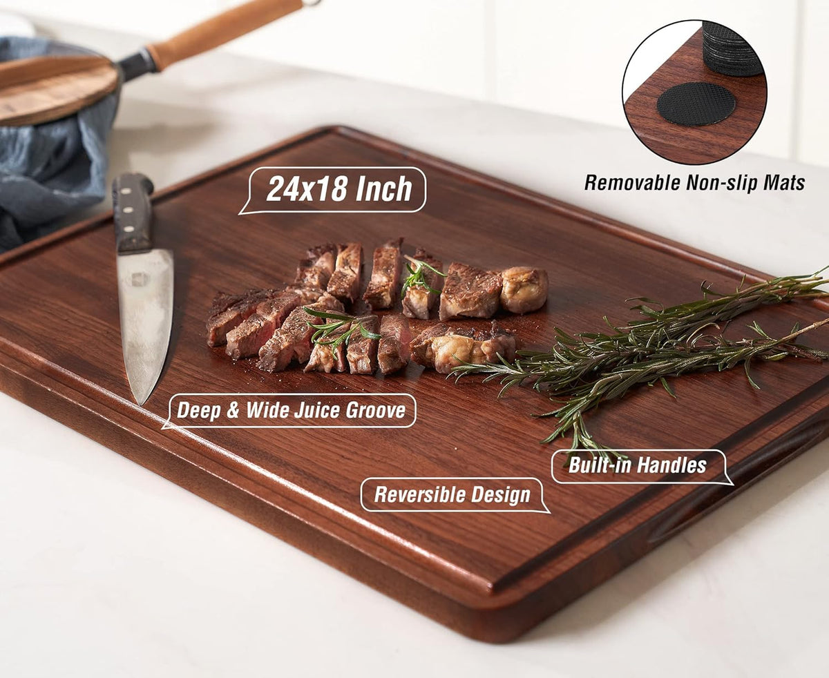 AZRHOM XXL Large Walnut Wood Cutting Board for Kitchen 24x18 (Gift Box) with Juice Groove Handles Non-slip Mats Thick Reversible Butcher Block Chopping Board