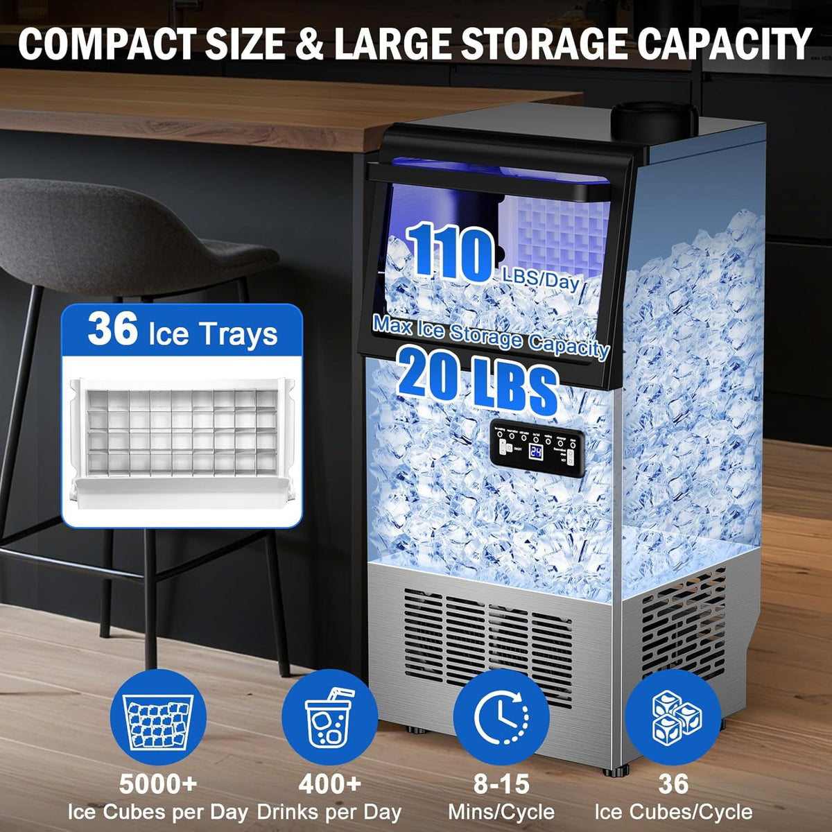Commercial Ice Maker Machine 110 LBS/24H, 36 Ice Trays Freestanding & Undercounter Ice Machine Stainless Steel with 20 LBS Ice Storage Capacity, Ice Maker with Water Line and Filter, Dual Water Inlet
