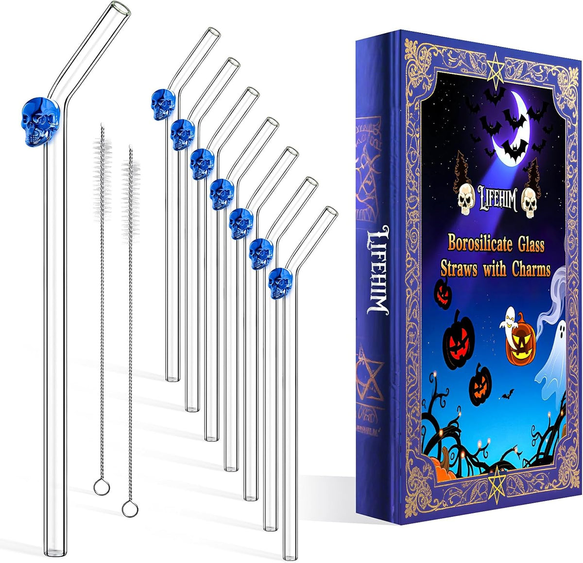Reusable Halloween Straws with Charms - Skull Design, 9 Inch 8mm Skinny Bent Glass Straws for 16 oz Glass Cups - Cute Clear Drinking Straws for Iced Coffee, Cocktail & Milk Drinks