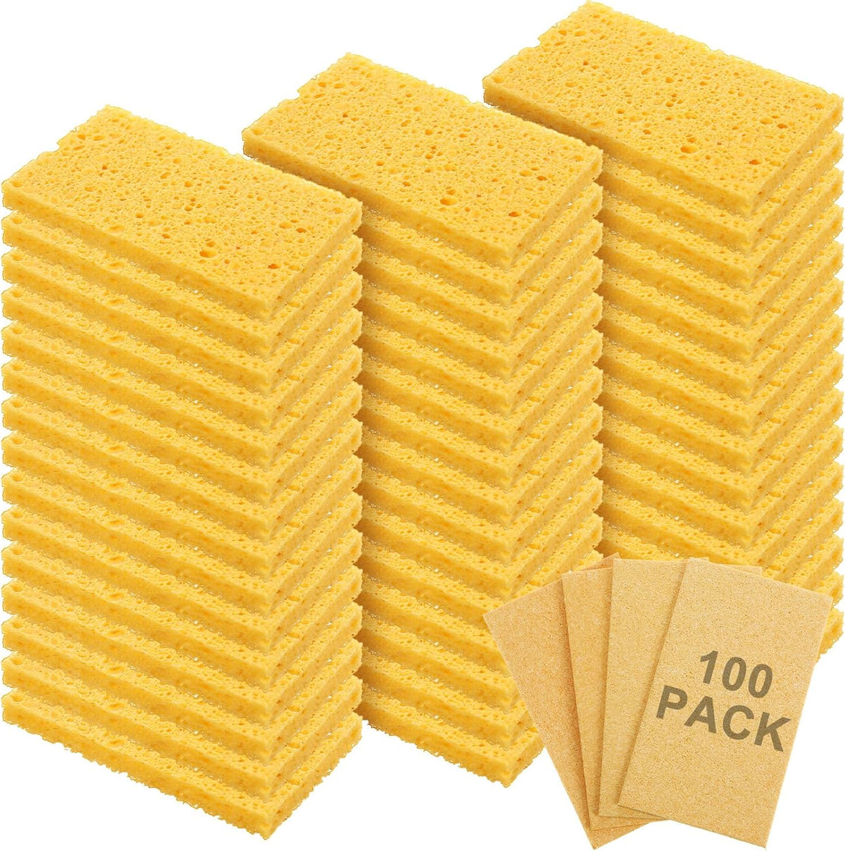 Zhengmy 100 Pieces Kitchen Sponge Bulk Natural Sponges for Dishes Compressed Wood Pulp Sponges Cleaning Sponge Without Scratching for Kitchen Bathroom, 3.9 x 2.4 x 0.12 Inch (Yellow)