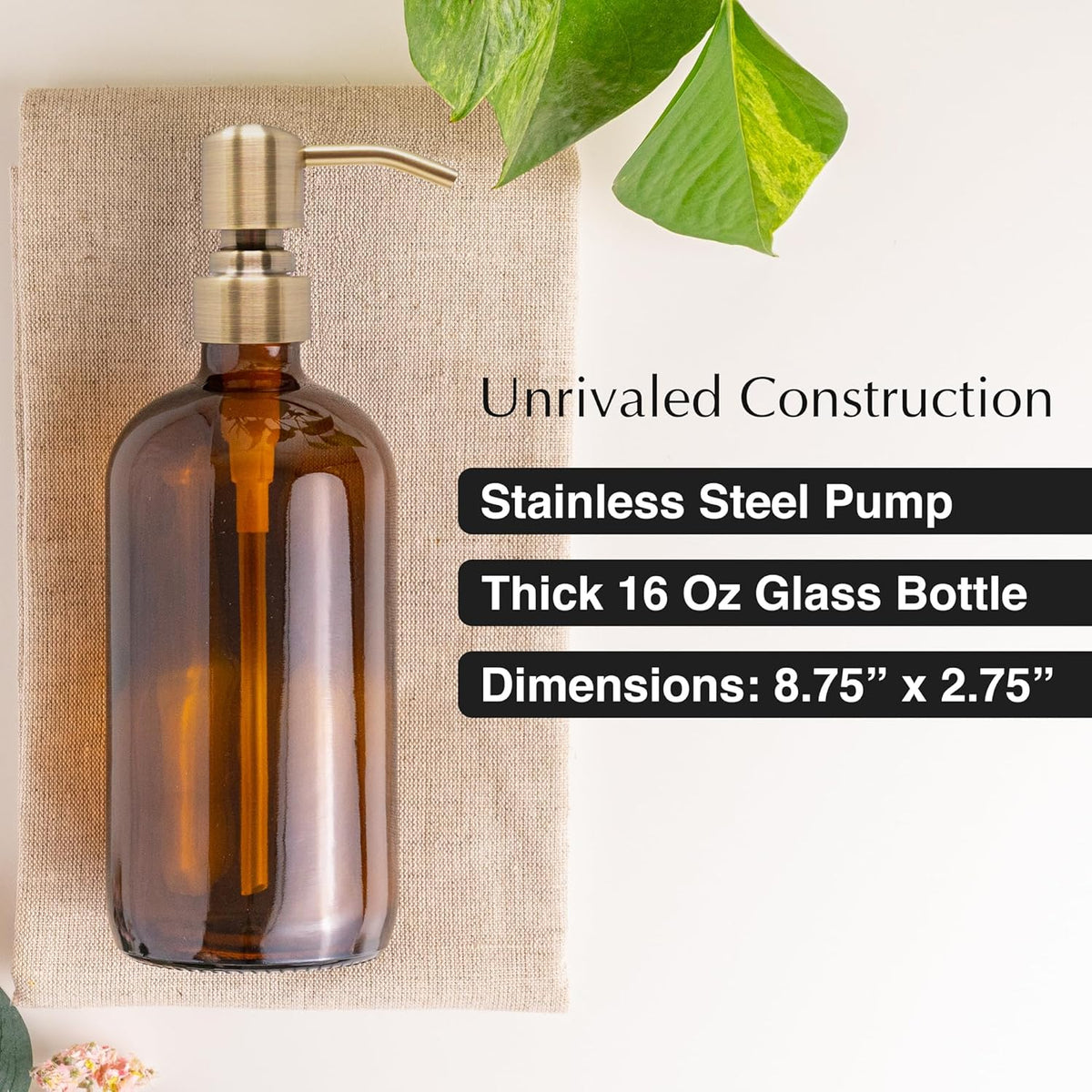 Vine Creations Amber Glass Soap Dispenser, 2 Pack Kitchen Soap Dispenser Set with Stainless Steel Pump, 16 oz Dish Soap and Hand Soap Dispensers for Bathroom with Waterproof Labels