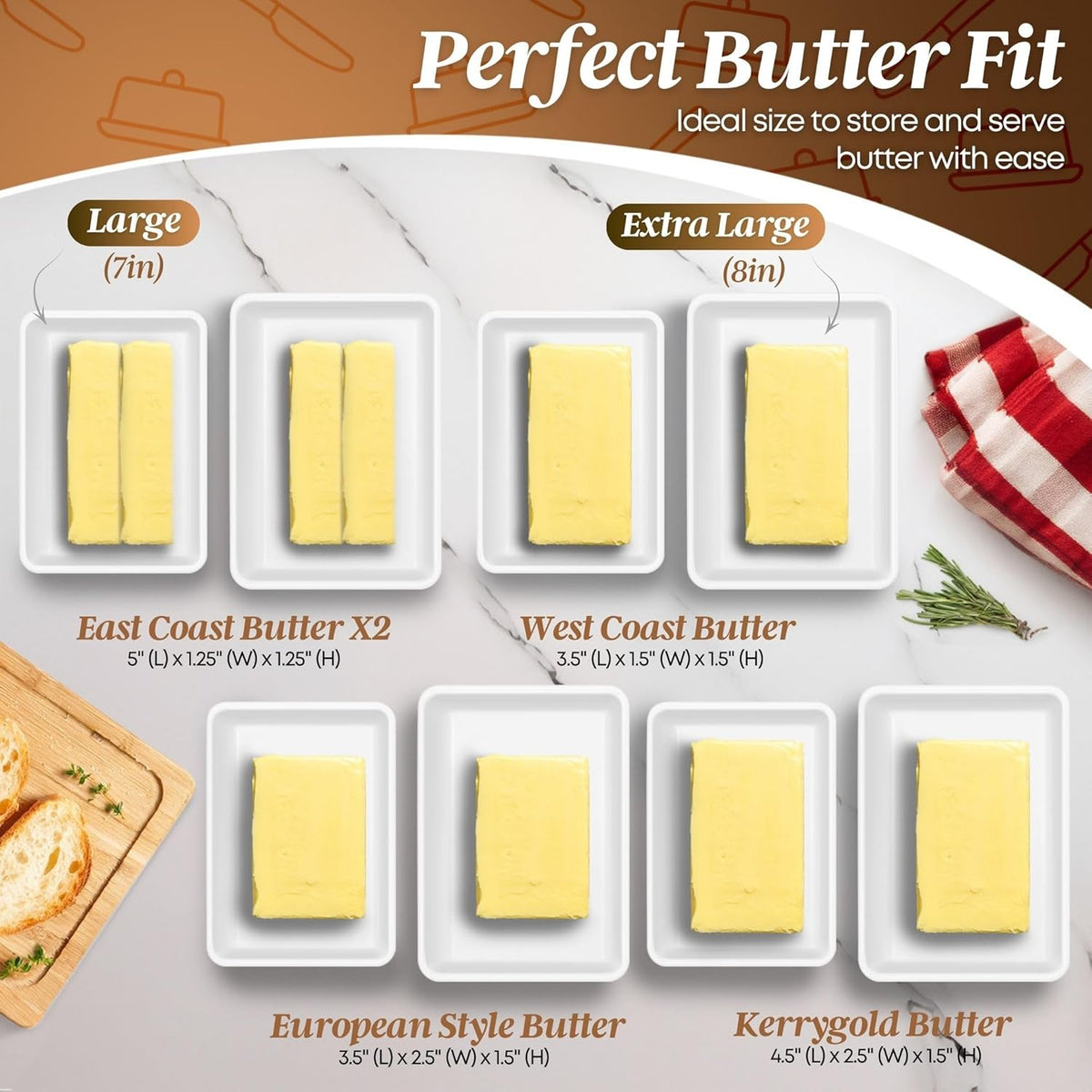 Flexzion Ceramic White European Butter Dish with Lid for Countertop (8 Inch) - Wide 2 Stick Double Butter Holder for Counter, Cream Cheese Container Storage Keeper