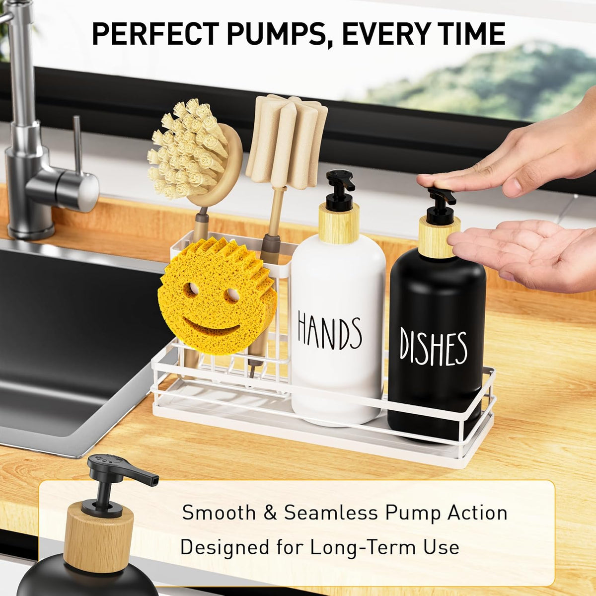 Moforoco Kitchen Dish Soap Dispenser Set, 16OZ Glass Bottle, Hand and Dish Soap Dispenser Set, Instant Dry Tray, Non-Slip Silicone Pad, Brush Holder with Smiley Face Sponge Holder, Kitchen Decor