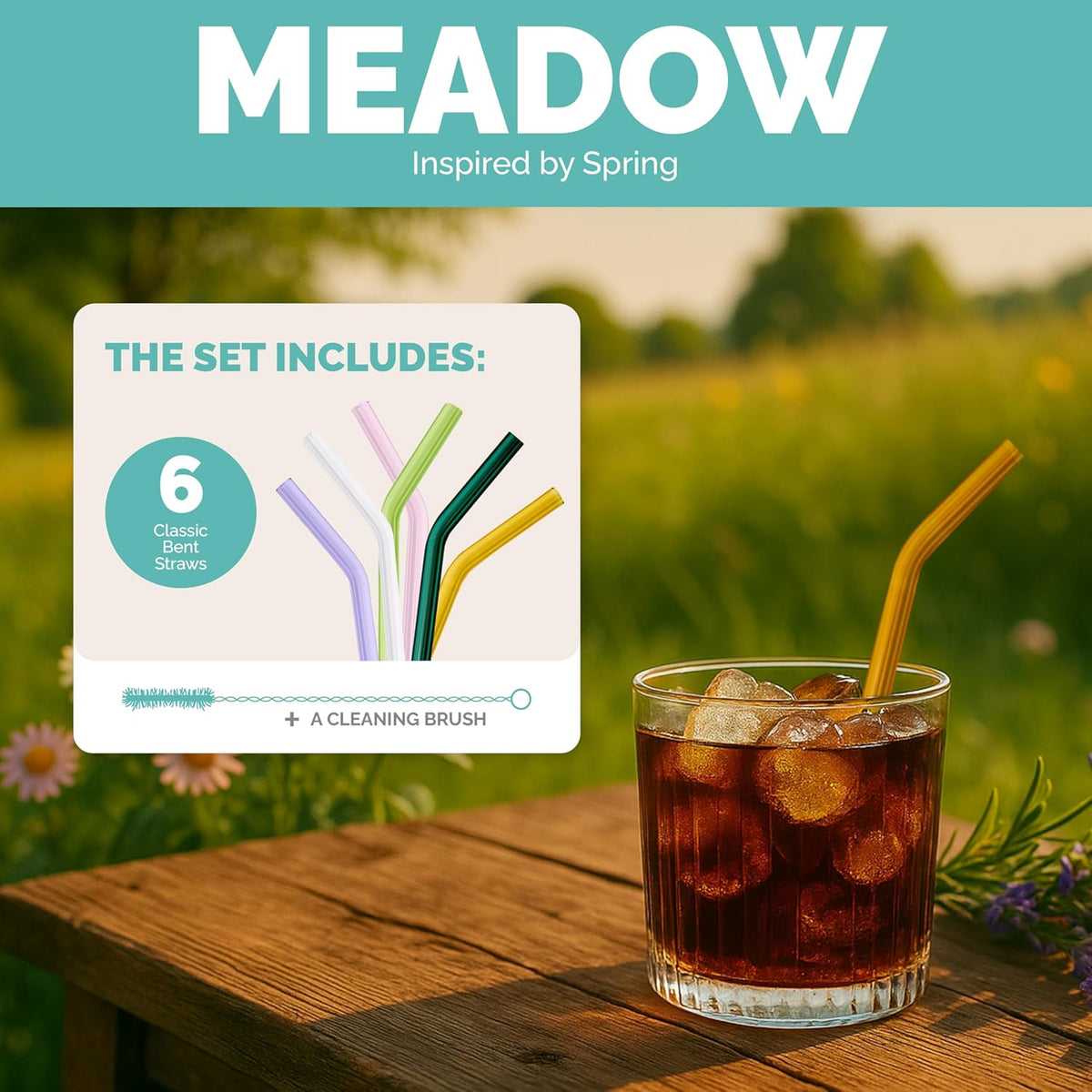 Simply Straws 6 Inch Glass Straws Bent (6-Pack) – Reusable Glass Straws for Low Balls & Stemless Glasses, with Cleaning Brush – Dishwasher Safe, Hot & Cold Use, BPA-Free (Meadow)