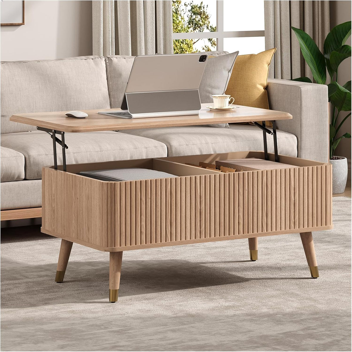 Lift Top Coffee Table, Mid Century Modern Coffee Table with Hidden Storage Compartment, 38" Fluted Center Table for Living Room, Home Office, Natural Oak
