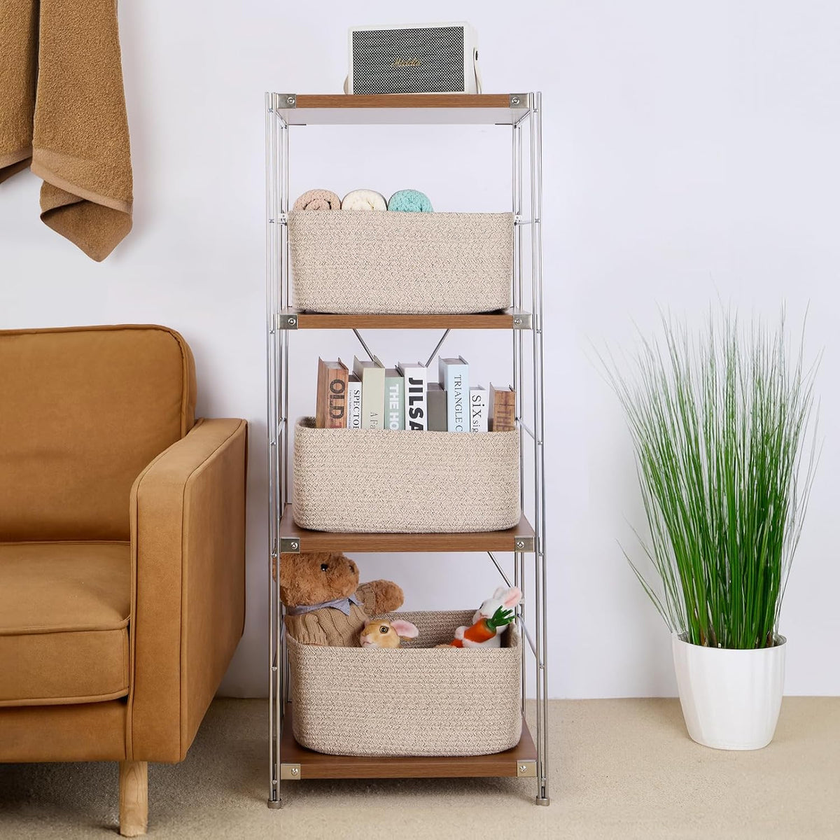 Large Storage Baskets for Organizing, Closet Shelf Baskets for Clothes Blanket Towels, Baby Nursery, Toy Bins Box, Woven Rope Baskets, 17 x 13 x 7.5”, 4 Packs Mixed Brown
