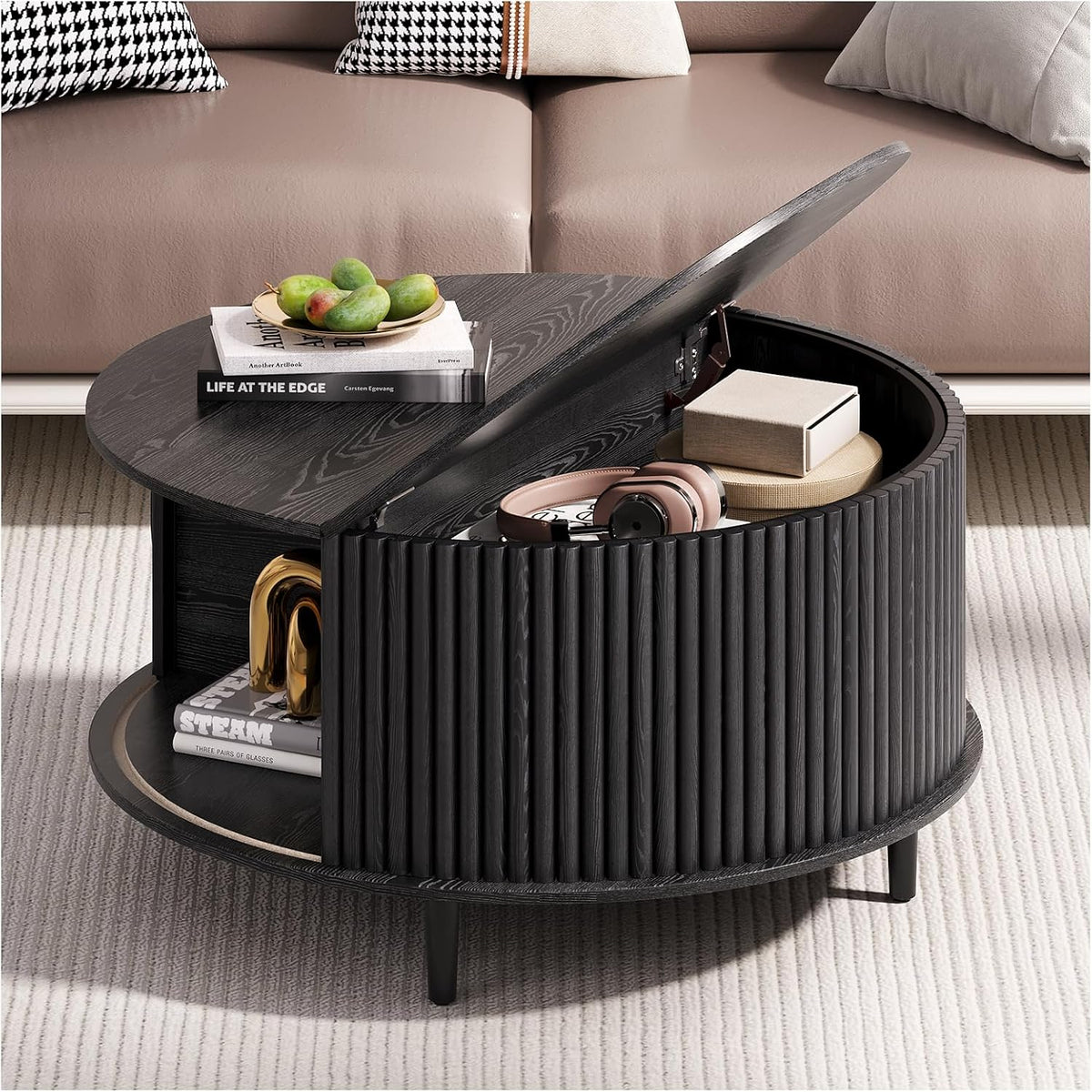Round Coffee Table with Storage,31.5" Mid Century Modern Coffee Table with Hidden Compartment,Fluted Center Table for Living Room,Home Small Space,Black