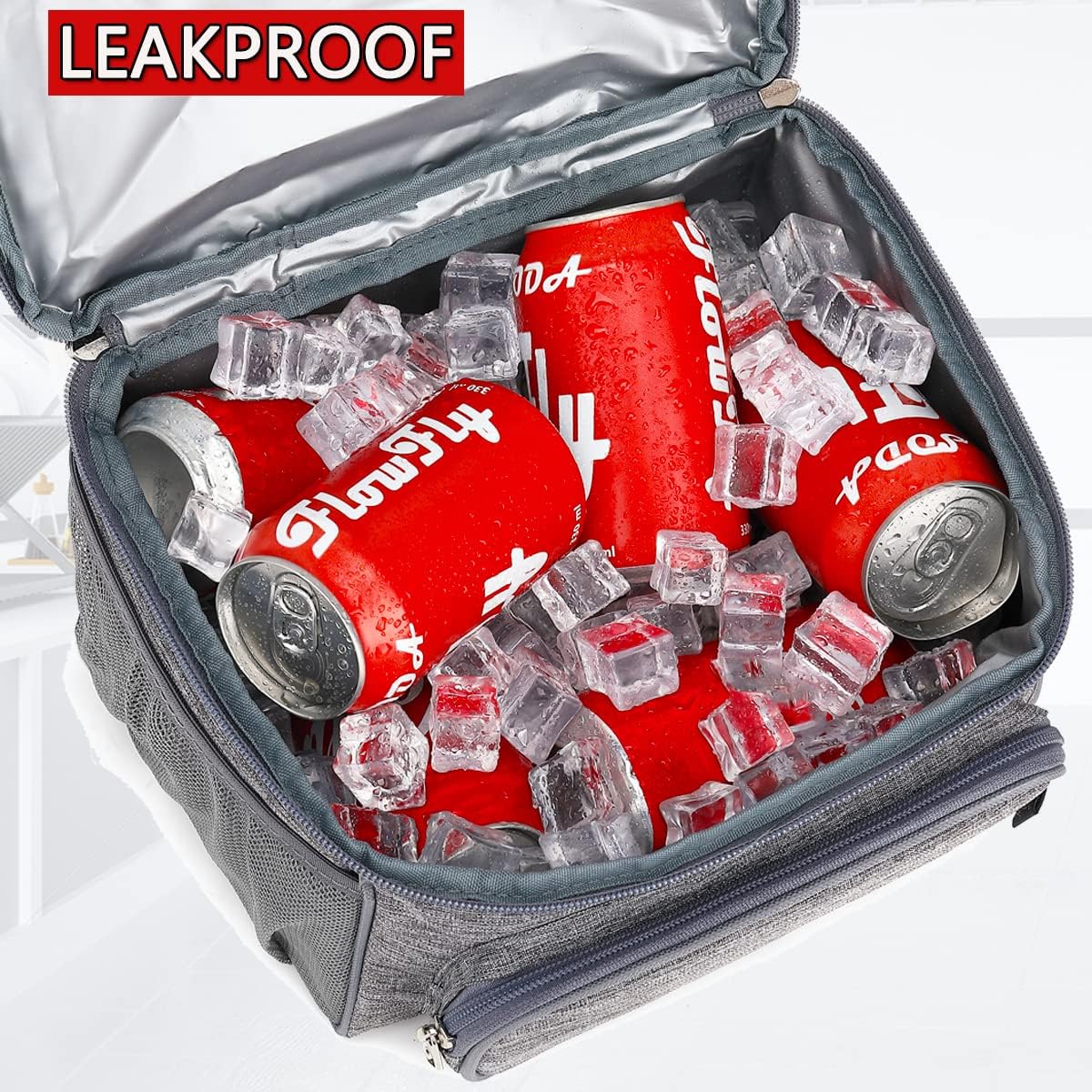 FlowFly Double Layer Cooler Insulated Lunch Bag Adult Lunch Box Large Tote Bag for Men, Women, With Adjustable Strap,Front Pocket and Dual Large Mesh Side Pockets