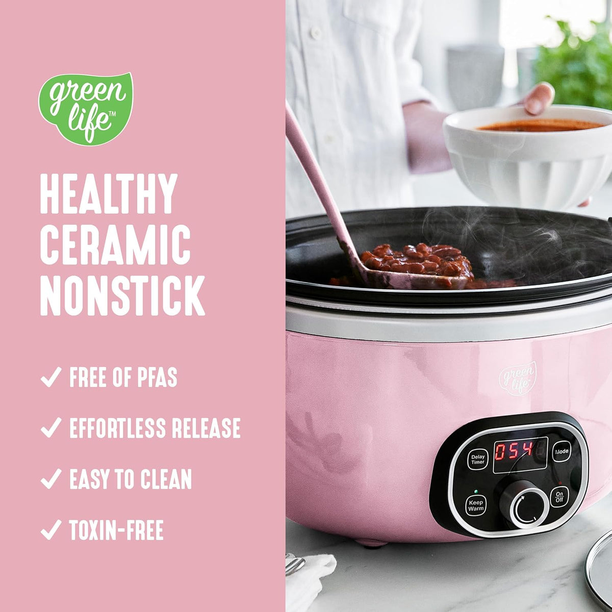 GreenLife 6QT Slow Cooker, Non-Toxic PFAS-Free Ceramic Nonstick Removable Interior Bowl, Programmable, Family Friendly, Keep Warm, Stovetop & Oven Safe, Dishwasher Safe Parts, Timer, Glass Lid, Pink
