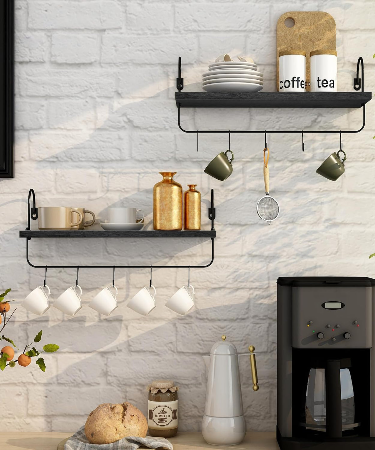 Coffee Mug Holder, Coffee Bar Shelf with Hooks Wall Mount Cup Organizer Mug Racks Pods Storage Hanger, Farmhouse Kitchen Decor, Black