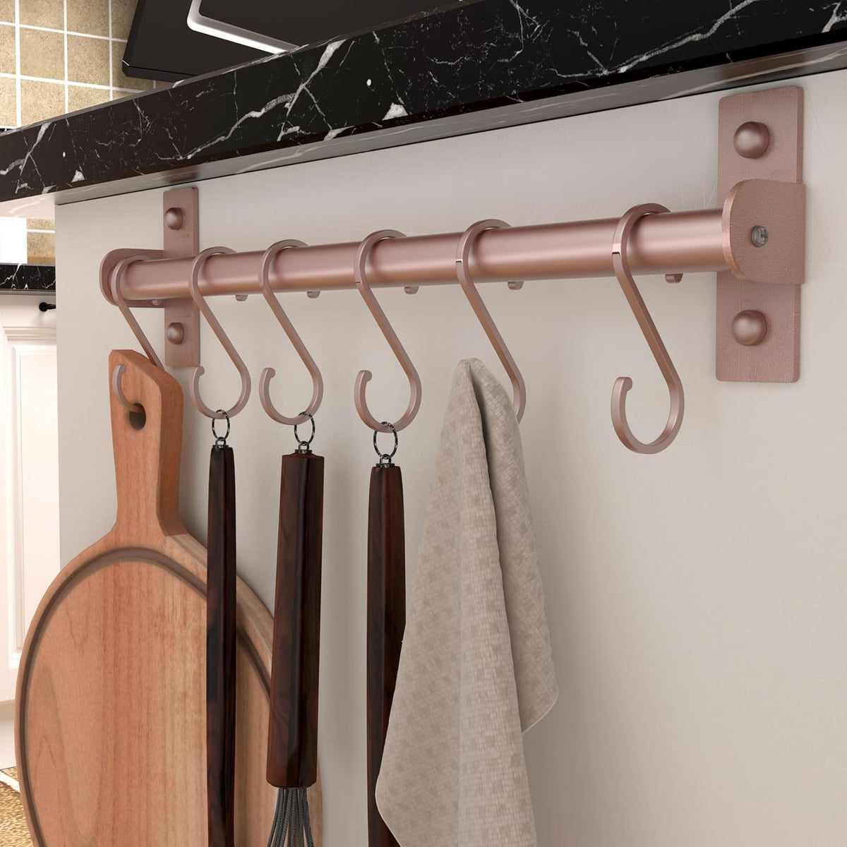 Dseap Kitchen Utensil Holder Hanger, Pot and Pan Rack Wall Mounted, Kitchen Rail with 8 Hooks for Hanging Cooking Utensils, Mugs, Spoons, Wall Mounted, Rose Gold, Pack of 2