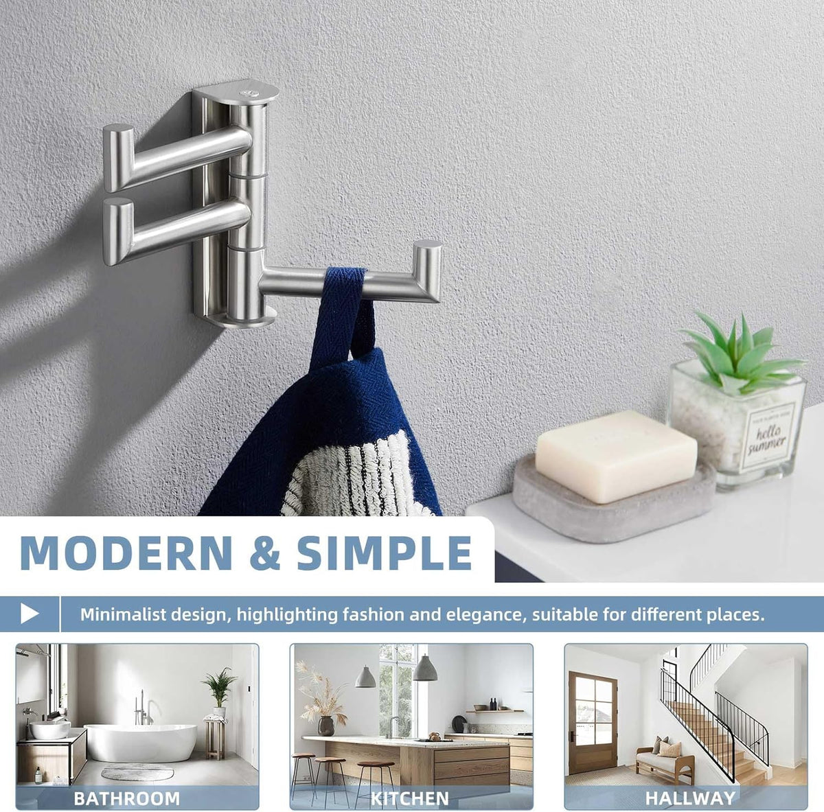 Suyar Bathroom Towel Hook 3 Arms, SUS 304 Stainless Steel Swivel Coat Robe Holder, Towel Hanger Wall Mounted, Brushed Nickel