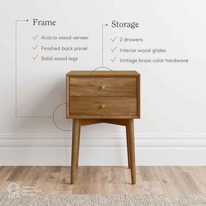 Nathan James Harper Modern Nightstand Side Accent or End Table with Storage Drawer, Set of 2, Oak Brown