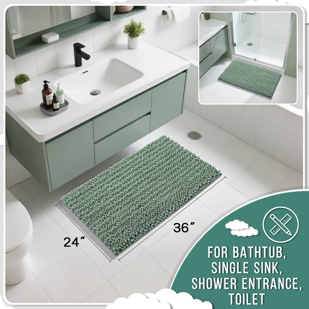 Yimobra Large Bathroom Rugs Non Slip Washable 36x24 Inch - Ultra Soft Absorbent Chenille Bath Mat, Quick Dry Shaggy Floor Carpet for Tub Shower, Green Home Decor Accessories
