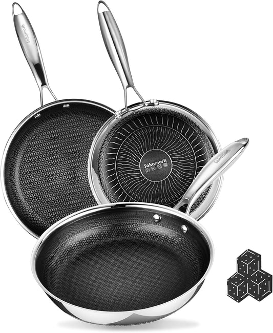 Non Stick Frying Pans Set, Hybrid 8" 9.5" 11" Frying Pan Set, Skillet with Stay-Cool Handle, Non Toxic, PFAS PFOA PTFE Free, Dishwasher & Oven Safe, Induction, Compatible with All Cooktops