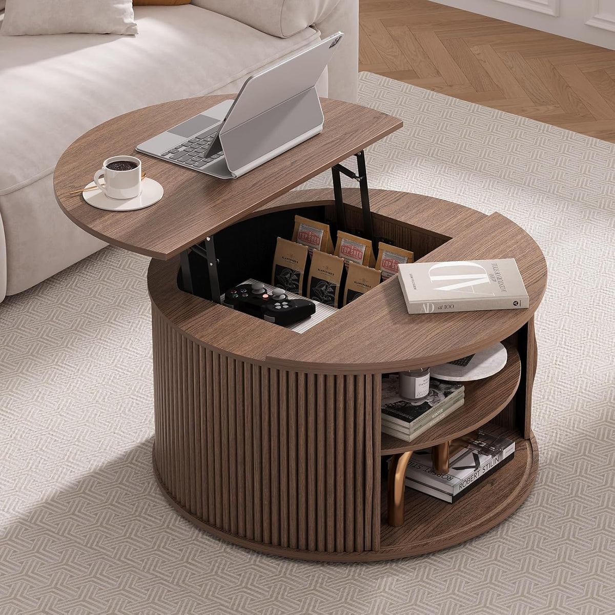 Lift Top Coffee Table,31.5” Mid Century Modern Center Table with Hidden Storage,Round Fluted Coffee Tables for Living Room, Home Office,Walnut