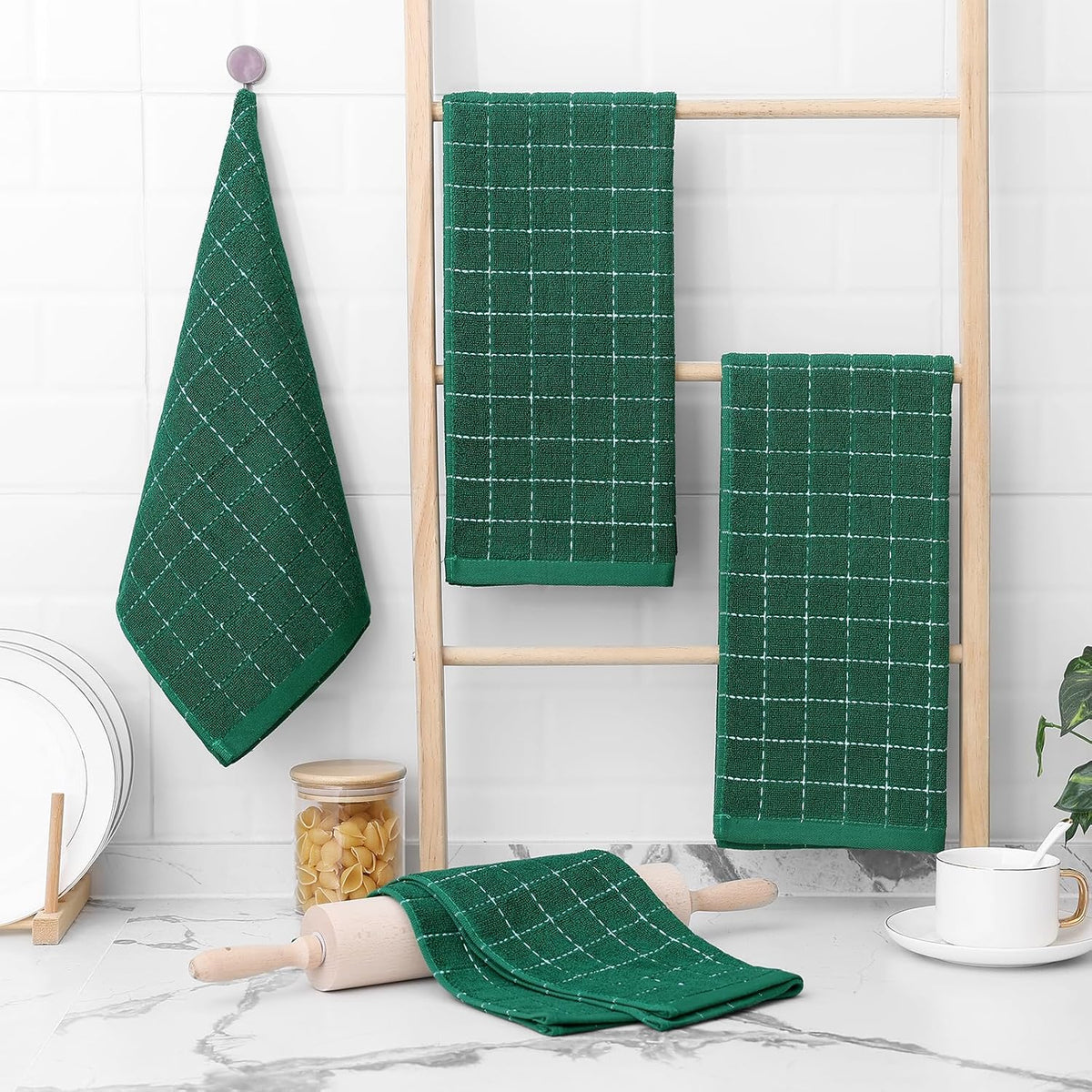 Homaxy 100% Cotton Terry Kitchen Towels(Dark Green, 13 x 28 inches), Checkered Designed, Soft and Super Absorbent Dish Towels, 4 Pack
