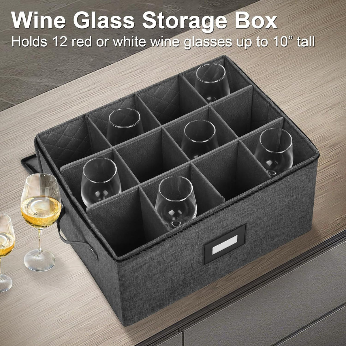 Mayniu Wine Glass Storage Box 2 Pack, Stemware Storage Containers Cases, Glassware Storage for 24 Crystal Glasses, Hard Shell Top Sides Bottom and Stackable (17'' x 13'' x 10'', Black)