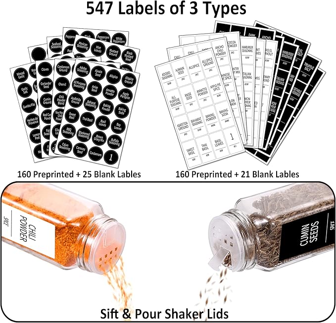 Churboro 48 Spice Jars with Labels- Spice Jars with Bamboo Lids - 4 Oz Glass Spice Containers with Shaker Lids, 547 Spice Labels of 3 Different Types Seasoning Jars for Spice Rack, Cabinet, or Drawer