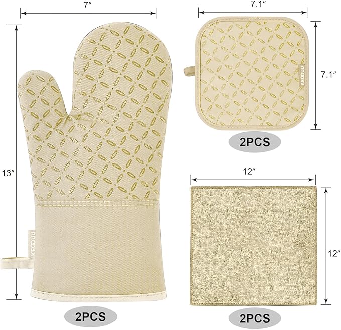 KEGOUU Oven Mitts and Pot Holders 6pcs Set, Kitchen Oven Glove High Heat Resistant 500 Degree Extra Long Oven Mitts and Potholder with Non-Slip Silicone Surface for Cooking (Beige)
