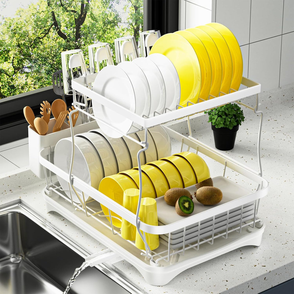 Dish Drying Rack 2-Tier Dish Racks for Kitchen Counter, Adjustable Spout Auto-Draining Dish Rack, Large Capacity for Plates, Bowls, Cups, Tableware，Dish Drainer with Drainboard,White