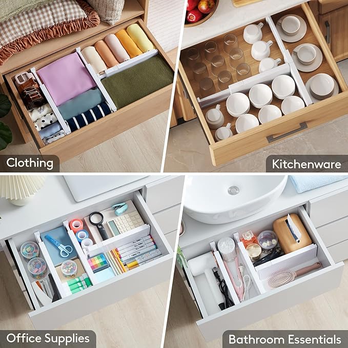 Lifewit 5 Pack 4" High Drawer Dividers 28-43.5cm/11-17" Adjustable Drawer Organizer for Clothes/Utensils, Expandable Drawer Separator in Dresser/Kitchen/Bedroom/Office Organization & Storage White