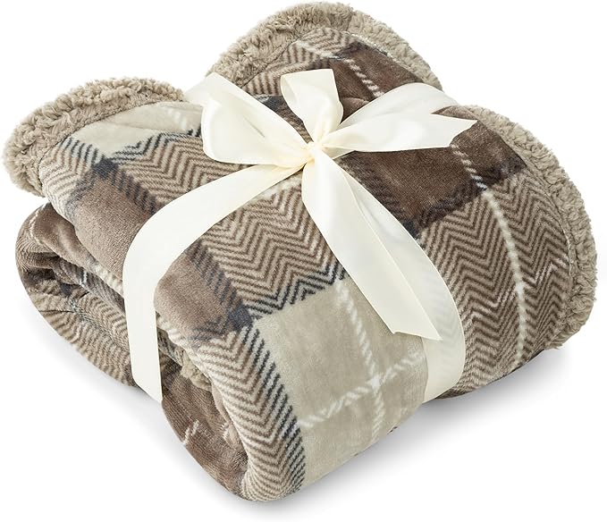 PAVILIA Taupe Plaid Sherpa Throw Blanket for Couch Twins, Soft Fuzzy Cabin Blanket and Throws, Warm Cozy Winter Gift Blanket, 60x80