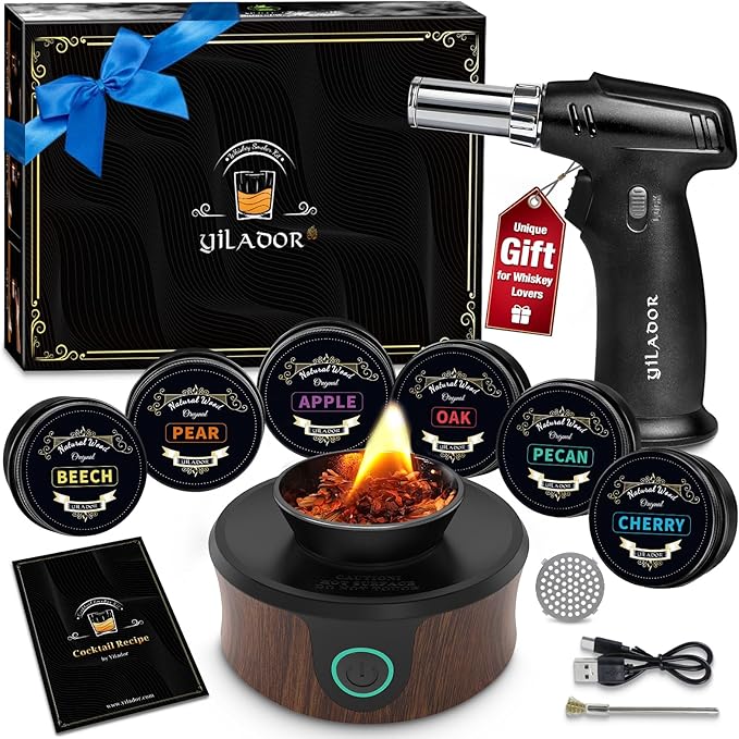 Electric Whiskey Smoker Kit with Torch, Home Bar Gift for Whiskey Lover, 6 Wood Chips – Infuse Rich Smoky Flavors in Bourbon Old Fashioned & Cocktails, Birthday Gifts for Him, Husband (Without Butane)