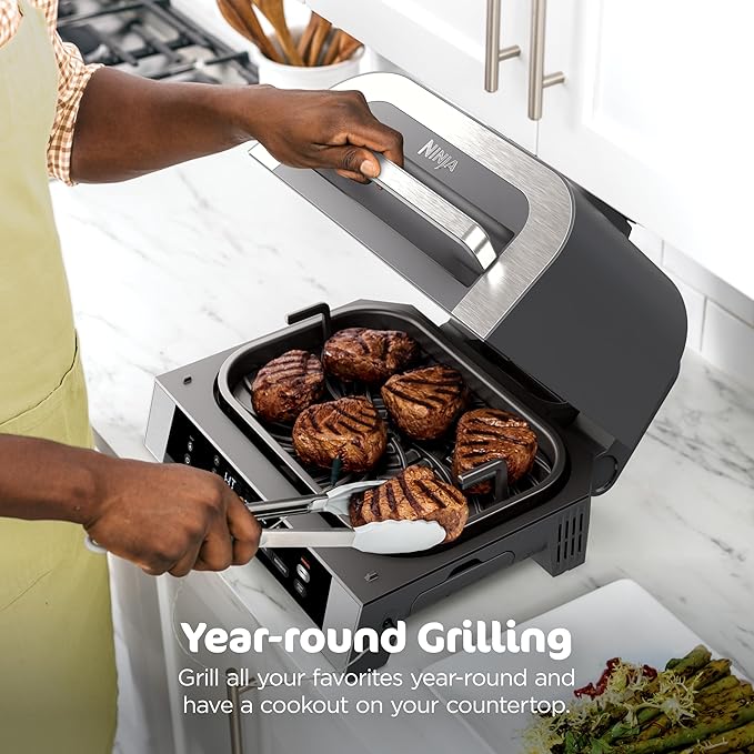 Ninja DG551 Foodi Smart XL 6-in-1 Indoor Grill with Air Fry, Roast, Bake, Broil, & Dehydrate, Foodi Smart Thermometer, 2nd Generation, Black/Silver