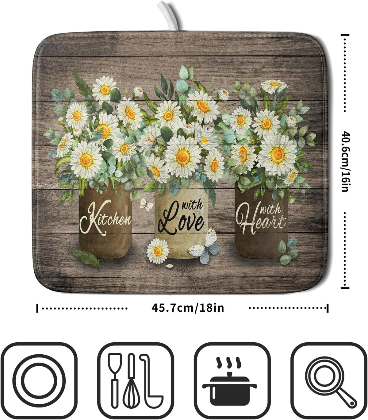 Flower Vase Dish Drying Mats 16x18 Inch Rustic Wood Reversible Microfiber Kitchen Countertop Protector Fast Dry Dish Drainer Rack Pad
