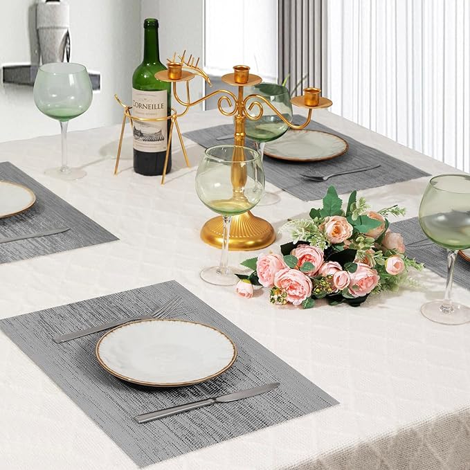 Leetaltree Grey Placemats, Heat Resistant Non-Slip Place mats for Dining Table, Washable Durable PVC Vinyl Woven Table Mats (Set of 16)