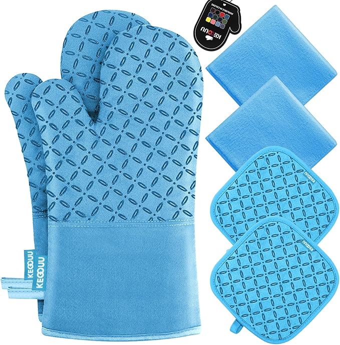 KEGOUU Oven Mitts and Pot Holders 6pcs Set, Kitchen Oven Glove High Heat Resistant 500 Degree Extra Long Oven Mitts and Potholder with Non-Slip Silicone Surface for Cooking (Sky Blue)