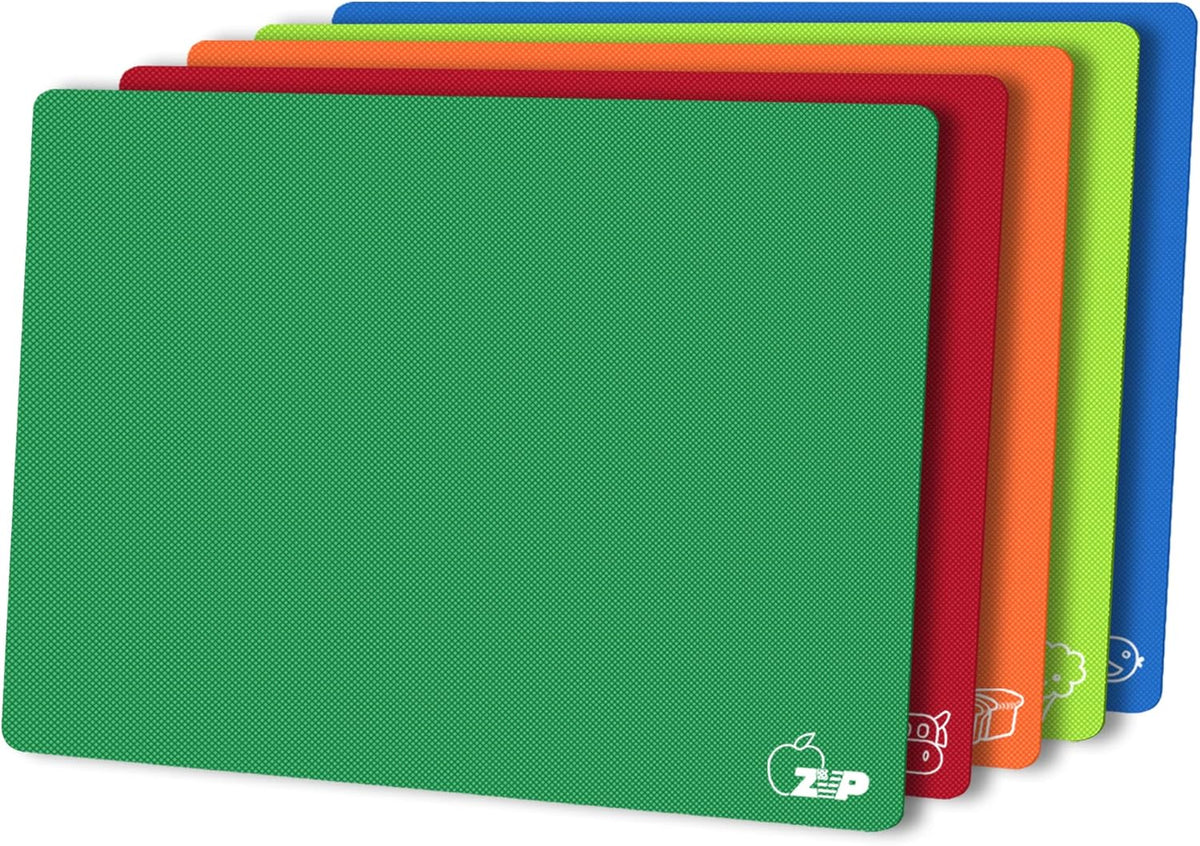 ZVP Flexible Plastic Cutting Board Mats Set of 5, Colorful Chopping Boards with Food Icon for Kitchen, BPA Free, Non-Slip Back, Non Porous, Dishwasher Safe Rainbow