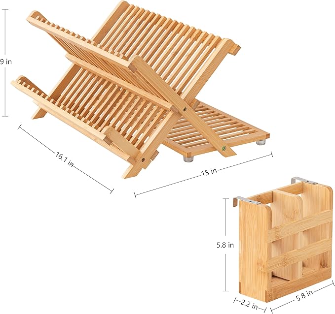 HBlife Bamboo Dish Drying Rack with Utensil Holder, 3-Tier Large Collapsible Wooden Dish Drainer Rack, Folding Drying Holder Dish Drainer for Kitchen Counter