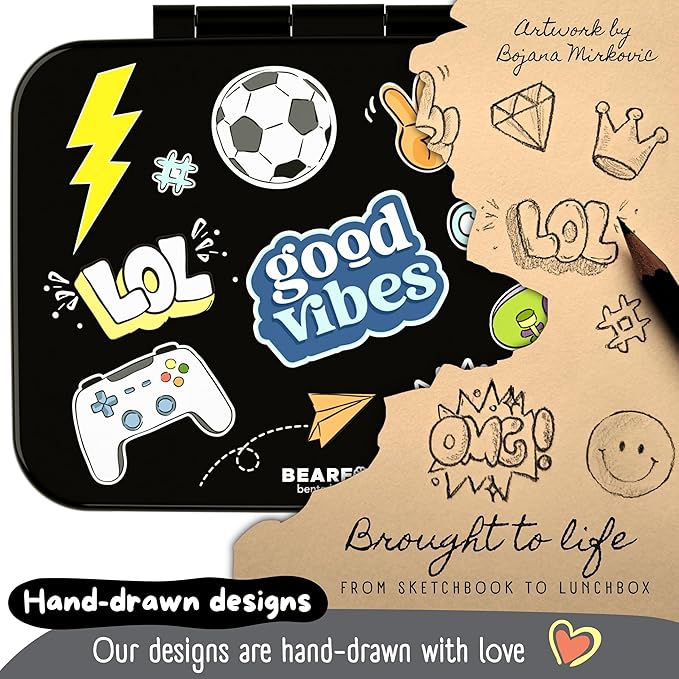 BEARFOOT Kids Lunch Box with Compartments – Compact & Lightweight | Leak-Proof, BPA-Free, Dishwasher & Microwave Safe | Hand-Drawn Design for Preschool, School, Travel (Sticker Black, 4 Cups)