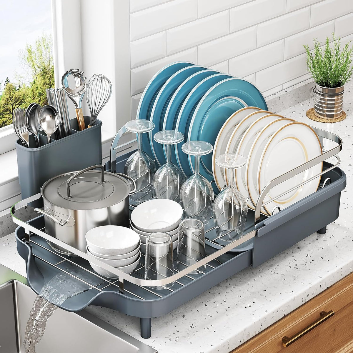 SNTD Dish Drying Rack, Expandable Dish Rack for Kitchen Counter, Stainless Steel Dish Drainer with Drainboard Set and Utensil Holder (Gray)