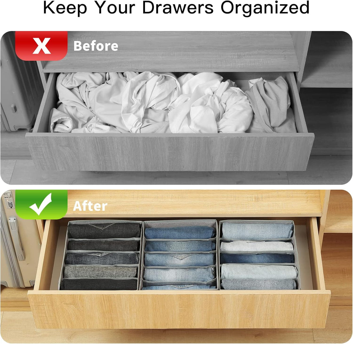 Qozary Pants Jeans Organizer for Closet, 4 Pack Drawer Organizers for Clothing, 5 Grids Wardrobe Clothes Storage for Deep Drawer, T-Shirts, Legging, Short