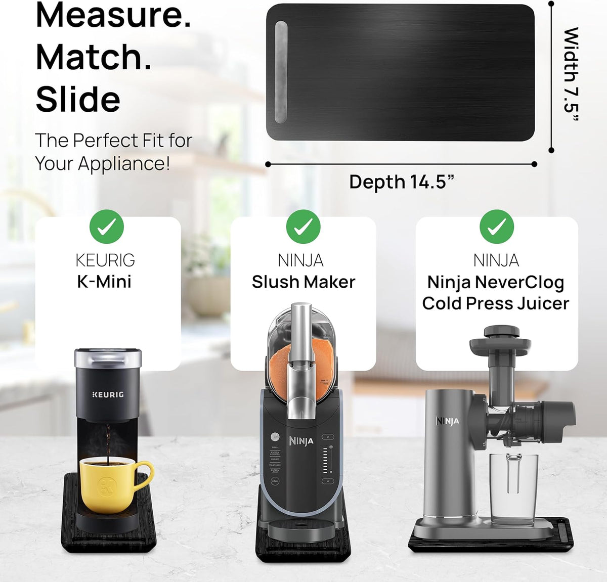 Ibyx Elegant Sliding Tray for Your Coffee Maker & Heavy Kitchen Appliances - Sturdy, Slides Easily from Under The Cabinet (Black, 7.5”W x 14.5”D)