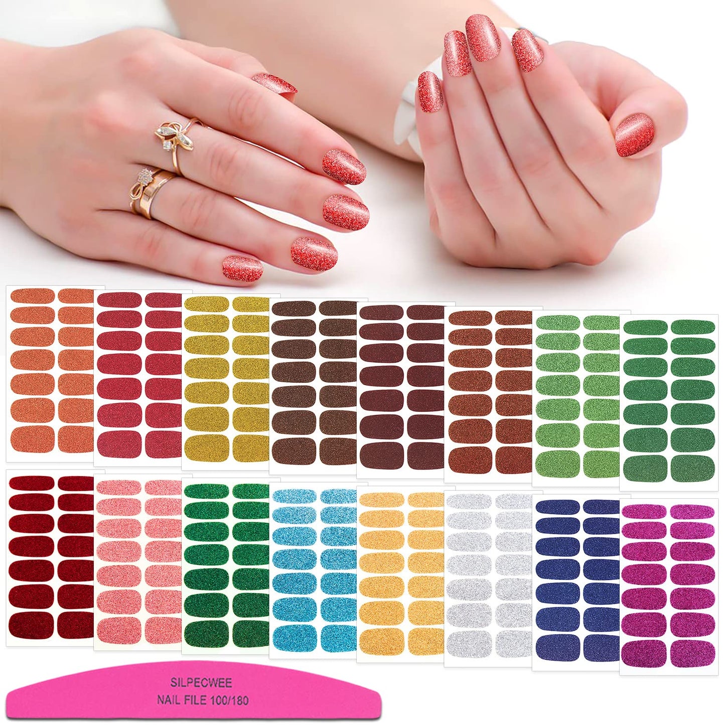 SILPECWEE 224 Pieces 16 Sheets Nail Polish Strips for Women Nail Polish Stickers Glitter Nail Wraps for Women Adhesive Nail Decals Gel Sticker Nails for Girls with File (Classy Glitter)