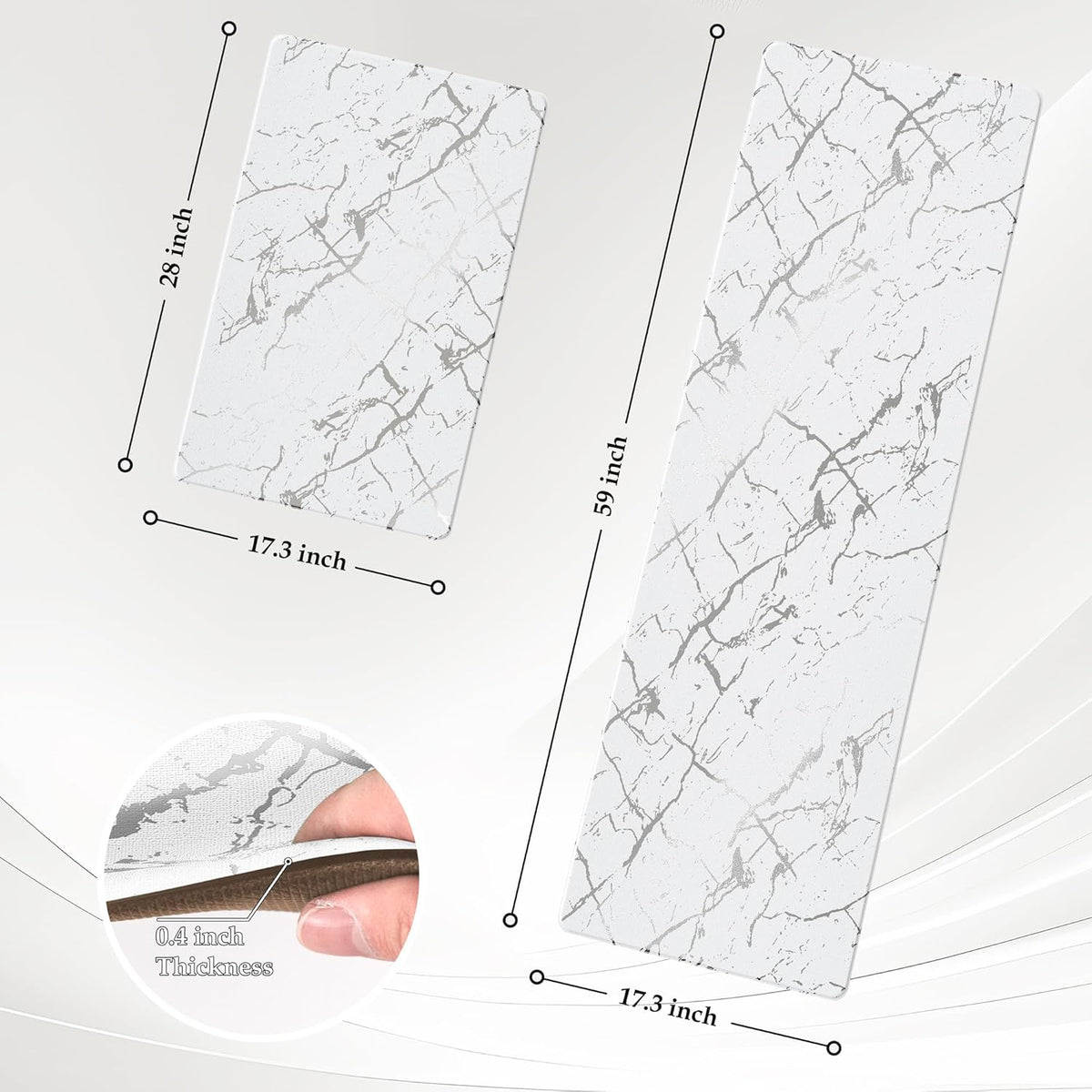 Silver Foil Stamped Marble Kitchen Mats for Floor 2PCS Cushioned Anti Fatigue Non Slip Waterproof Comfort Leather Kitchen Rugs 2/5 Inch PVC Kitchen Mats for Sink, Laundry, 17.3"x28"+17.3"x59",White