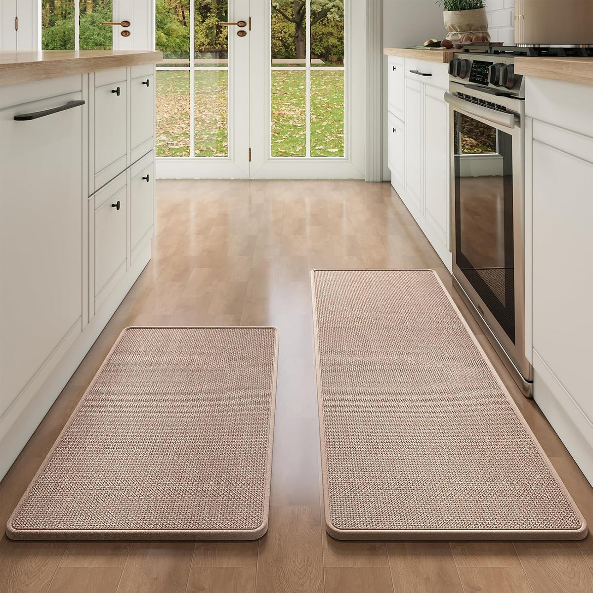 Kitchen Mat Set of 2 PCS Kitchen Mats for Floor, Linen-Look Woven Absorbent Kitchen Runner Rugs Non Slip Washable Comfort Standing Mats for Kitchen, Front of Sink